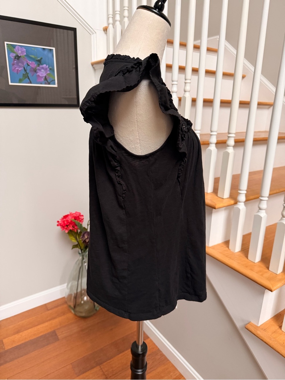LOFT Small Black Crochet Lace Yoke Flutter Sleeve Cotton Shirt - Picture 3 of 7
